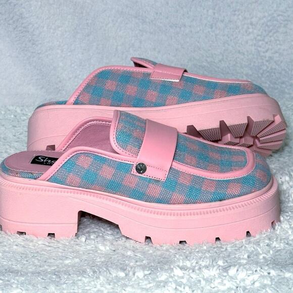Shelly’s London Mariah pink blue checked backless mules Sz 7 Chunky Y2K - Picture 1 of 7